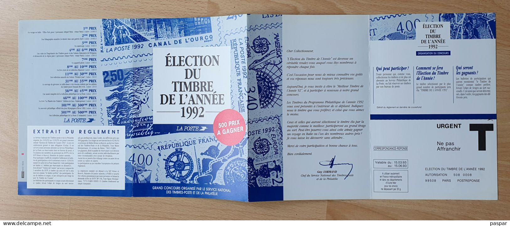 France - Grand Concours Organisé Par La Poste - Élection Du Timbre De L'année 1992 - Avec Réponse T - Documents Of Postal Services