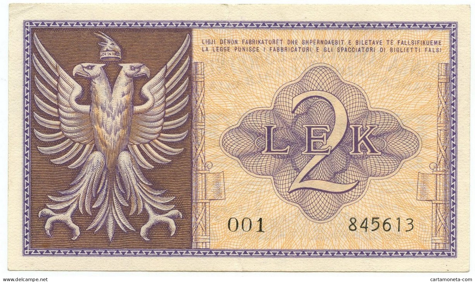 2 LEK REGNO D'ITALIA BANCA NAZIONALE ALBANIA PRIMA SERIE 001 1941 SPL - Non Classés