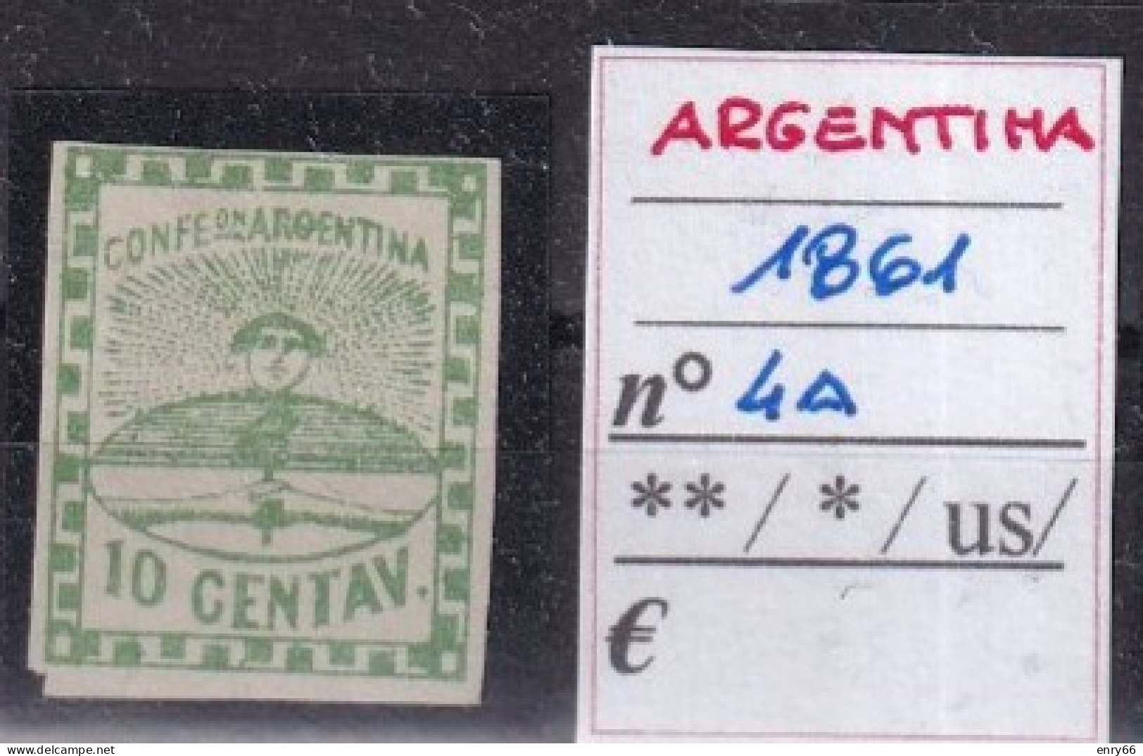 ARGENTINA 1861 N°4A S.G. LETTERA  "G" ARGENTINA CHIUSA VARIANTE FIRMATO AL RETRO - Nuovi