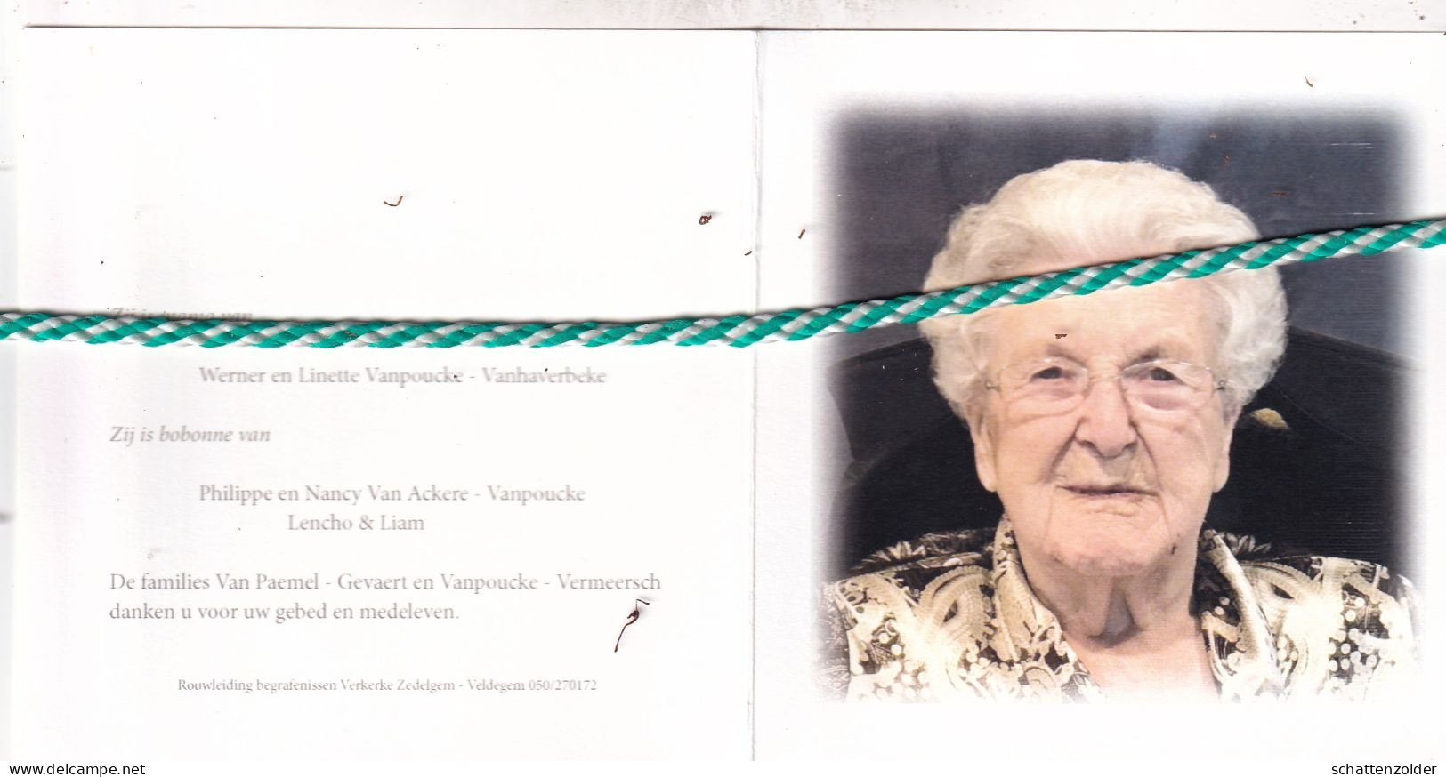 Georgette Van Paemel-Vanpoucke, Zedelgem 1921, 2022. Honderdjarige. Foto - Overlijden