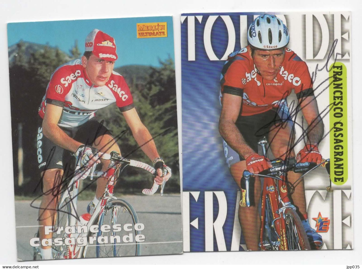CYCLISME  TOUR DE FRANCE 2 CARTES 6 X 9 DE FRANCESCO CASAGRANDE  AVEC SIGNATURE MERLIN 1996 ET EUROSTAR 1997 - Cyclisme