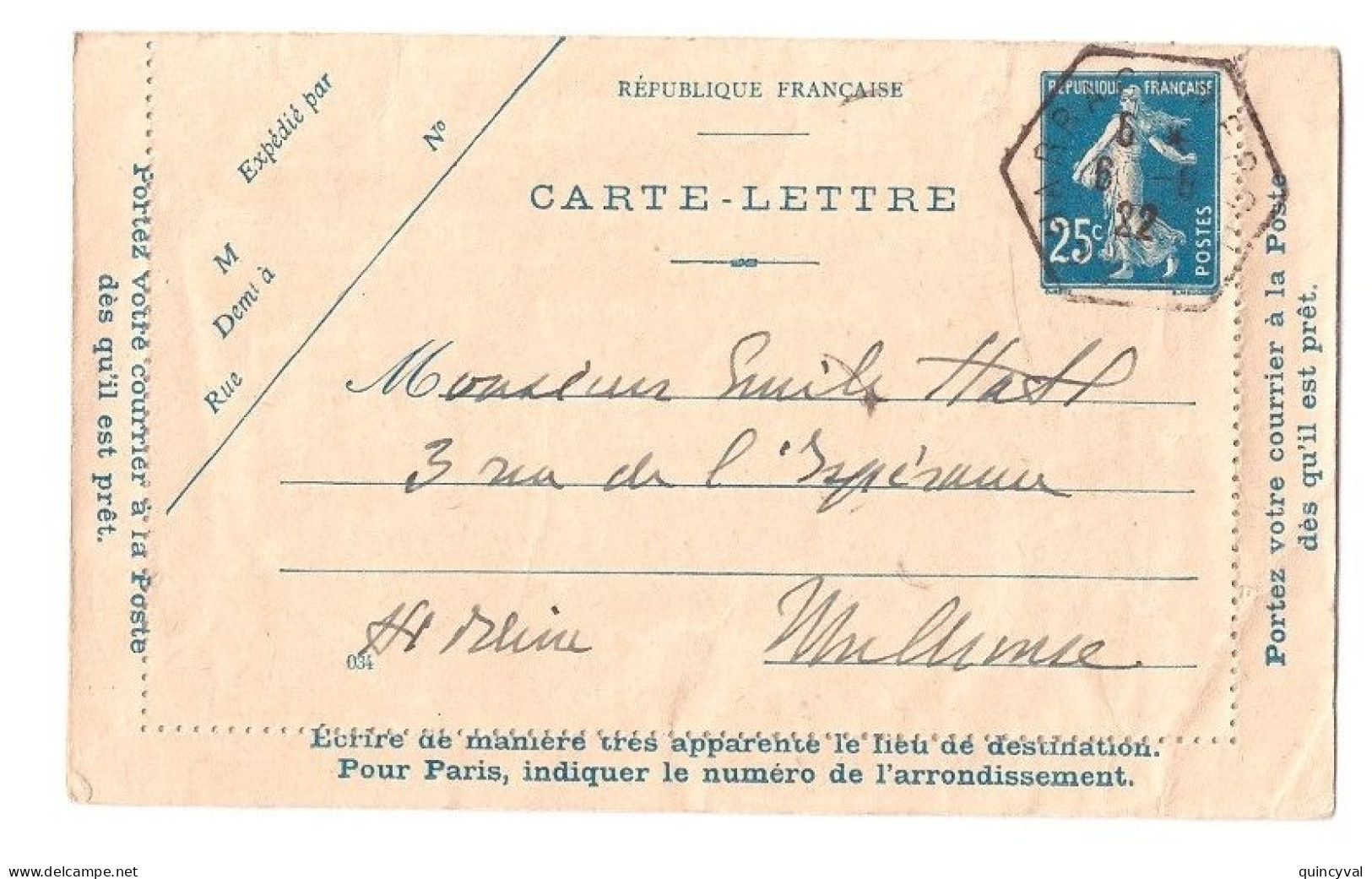 SCHARRACHBERGHEIM Bas Rhin Entier Carte Lettre 25c Semeuse Bleu Yv 140-CL2 Mill 034 Ob 1922 Dest Mulhouse - Kartenbriefe