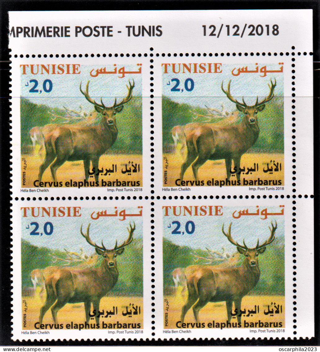 2018 - Tunisie - Faune Terrestre Et Maritime En Tunisie, ---  Cervus Elaphus ----  Bloc De 4V Coin Daté   -MNH***** - Tunisie (1956-...)