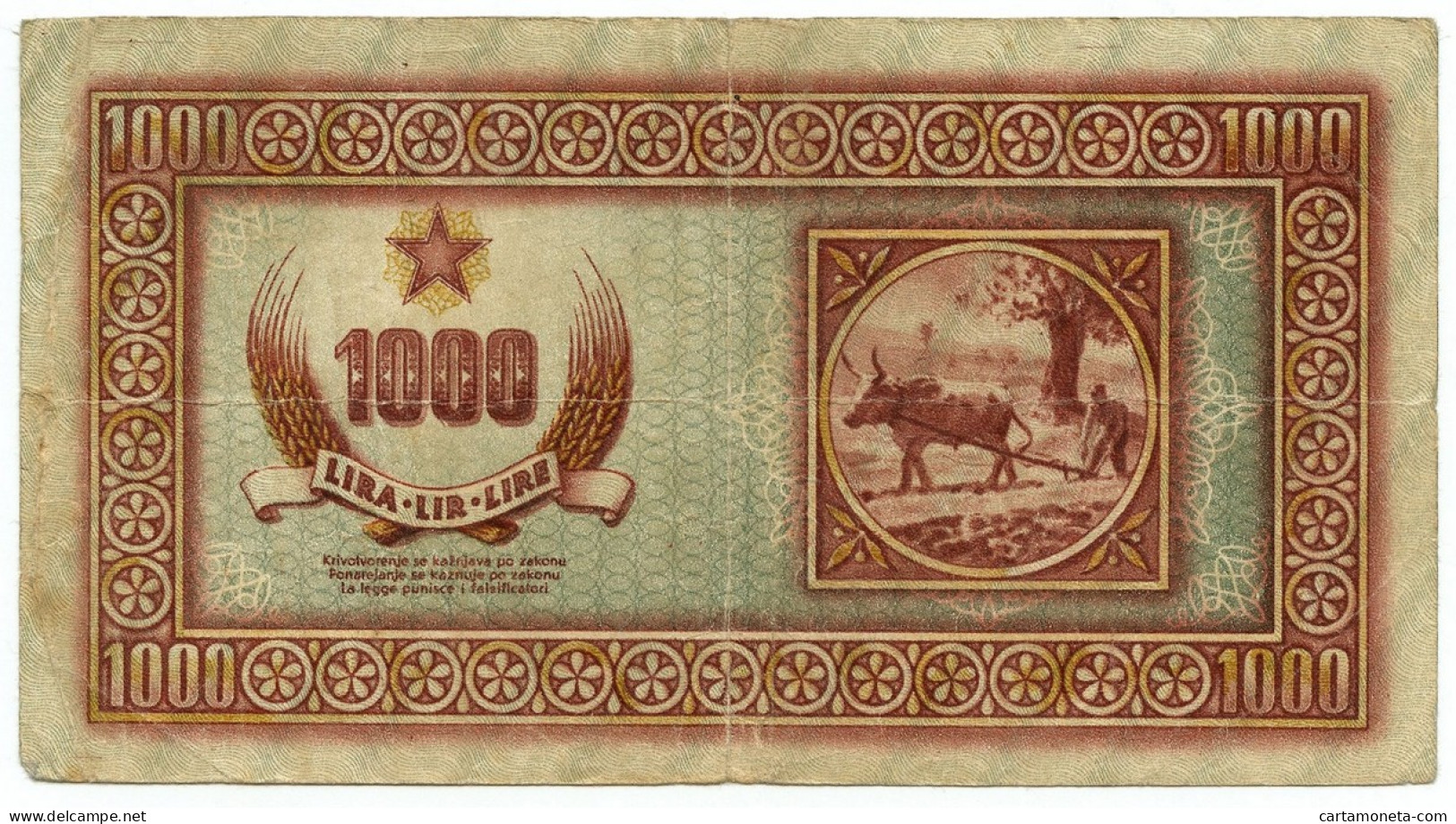 1000 LIRE BANCA PER ECONOMIA ISTRIA FIUME LITTORALE SLOVENO 1945 BB- - Occupation Alliés Seconde Guerre Mondiale