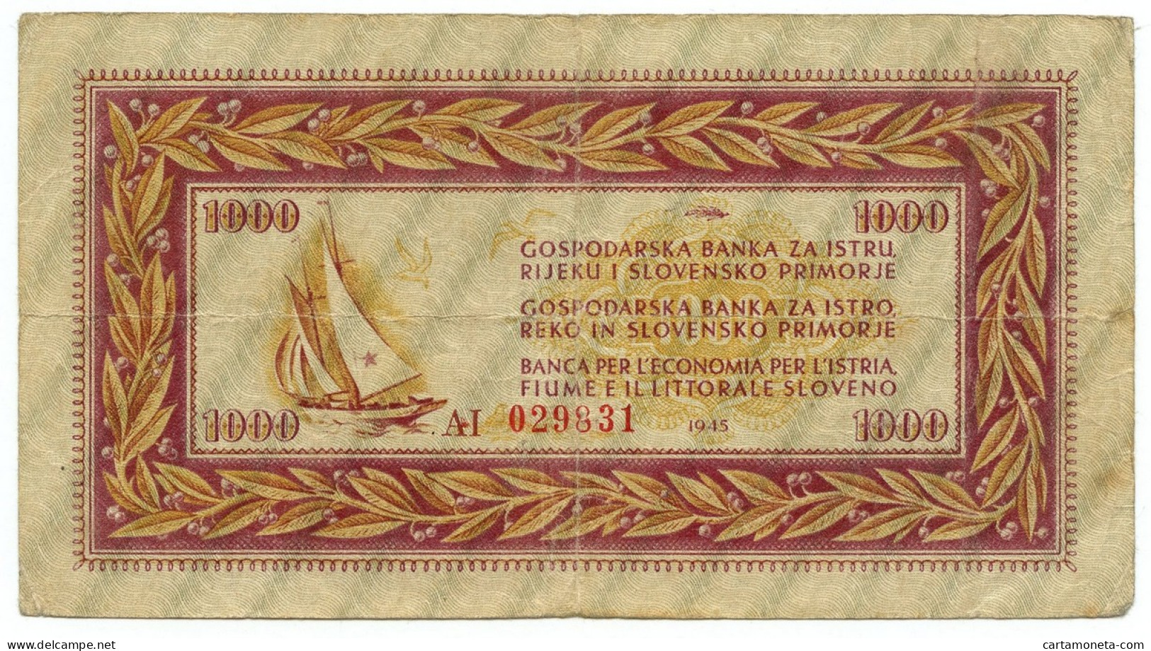 1000 LIRE BANCA PER ECONOMIA ISTRIA FIUME LITTORALE SLOVENO 1945 BB- - Occupation Alliés Seconde Guerre Mondiale