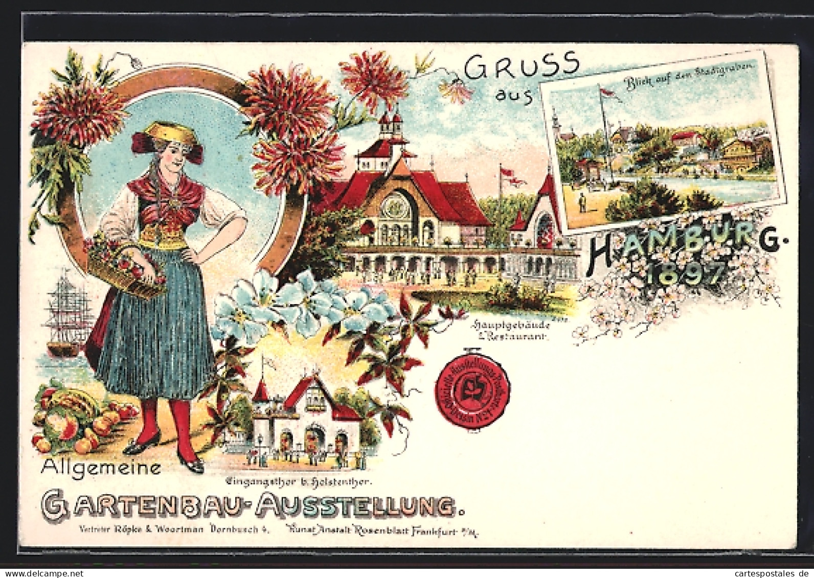 Lithographie Hamburg, Allgemeine Gartenbau-Ausstellung 1897, Hauptgebäude & Restaurant  - Exhibitions