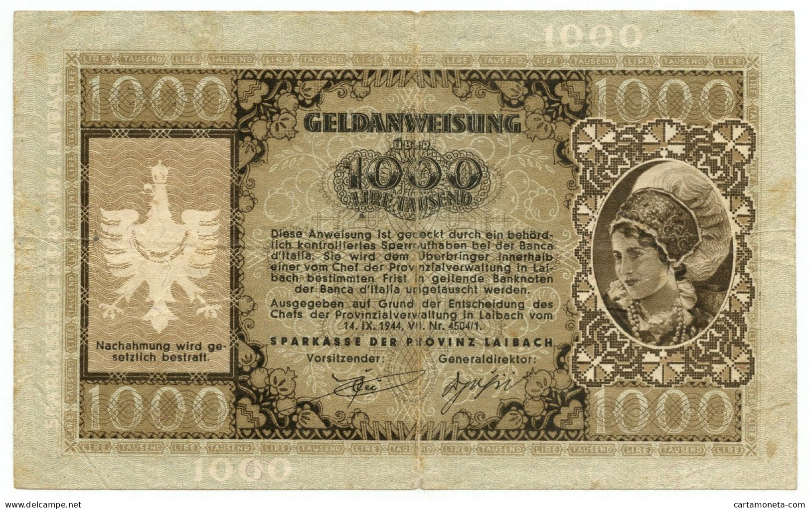 1000 LIRE OCCUPAZIONE TEDESCA DELLA PROVINCIA DI LUBJANA 14/09/1944 BB - Allied Occupation WWII