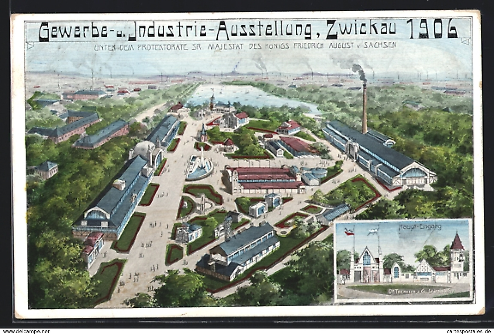 Lithographie Zwickau, Gewerbe- U. Industrie-Ausstellung 1906, Gesamtansicht & Haupt-Eingang  - Exhibitions