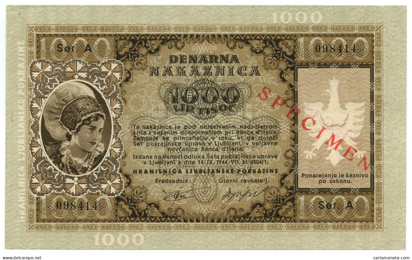 1000 LIRE SPECIMEN OCCUPAZIONE TEDESCA PROVINCIA DI LUBJANA 14/09/1944 QFDS - Occupation Alliés Seconde Guerre Mondiale