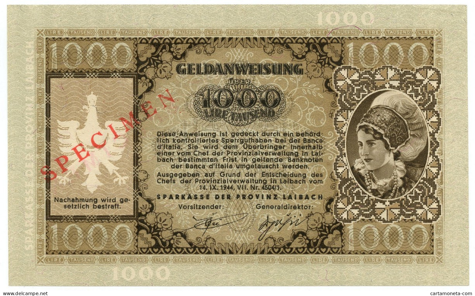 1000 LIRE SPECIMEN OCCUPAZIONE TEDESCA PROVINCIA DI LUBJANA 14/09/1944 QFDS - Allied Occupation WWII