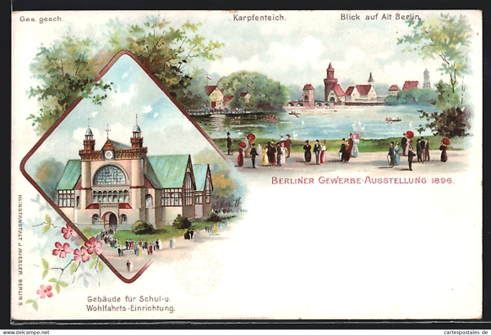 Lithographie Berlin, Gewerbe Ausstellung 1896, Gebäude Für Schul- U. Wohlfahrts-Einrichtung, Karpfenteich  - Exhibitions