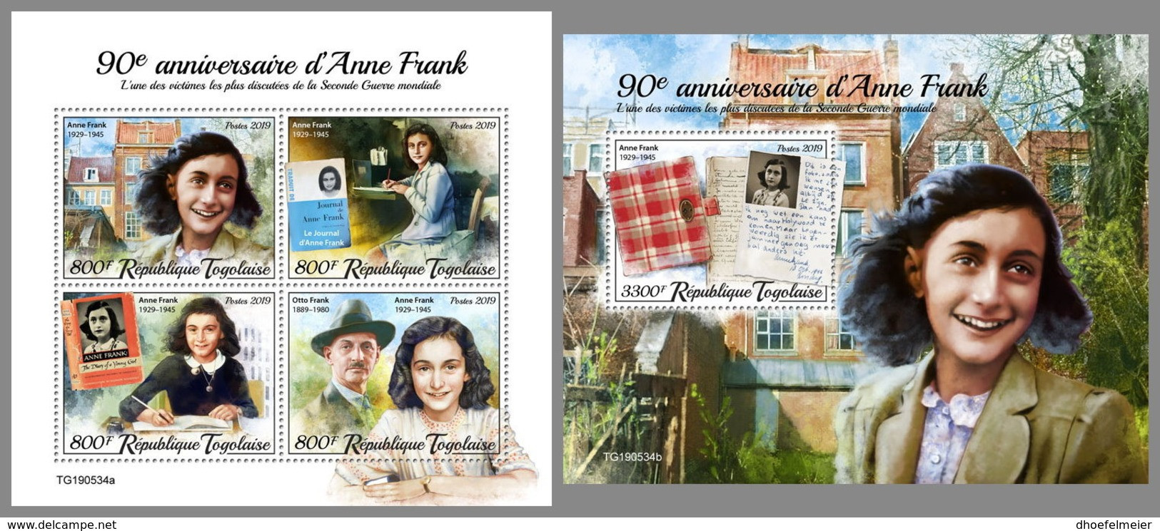 TOGO 2019 MNH 90th Birthday Anne Frank WWII M/S+S/S - OFFICIAL ISSUE - DH2002 - Famous Ladies