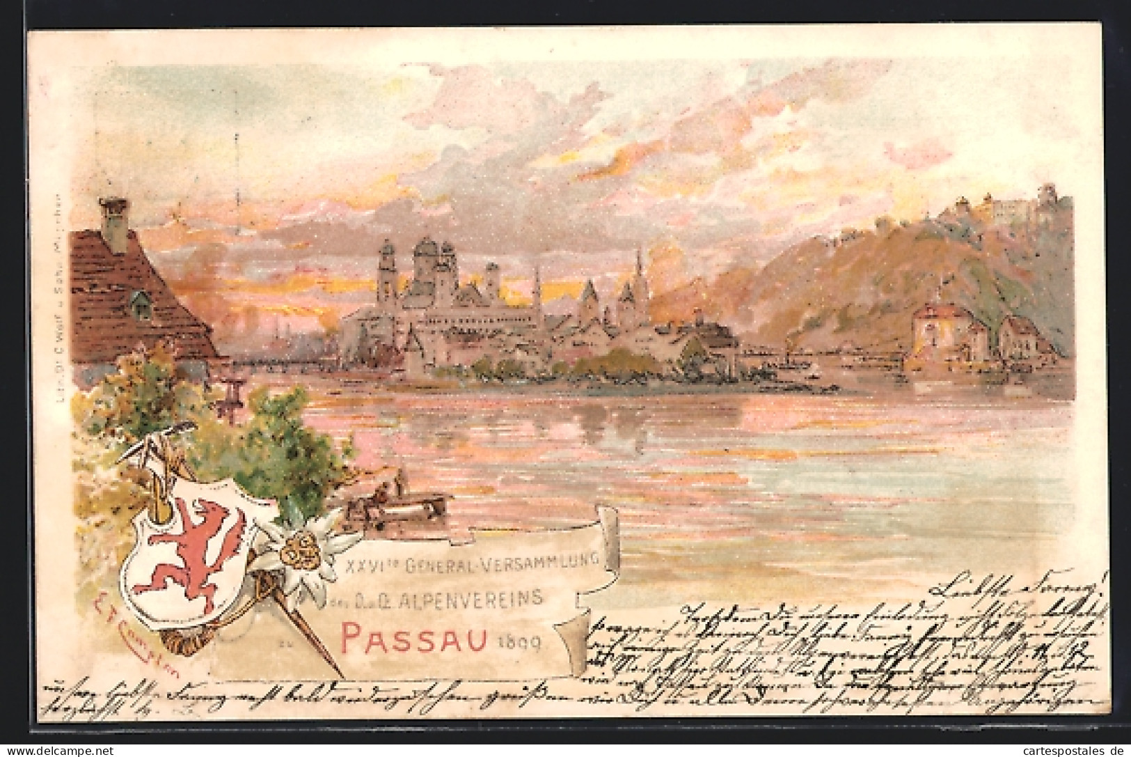 Lithographie Passau, 26. General-Versammlung Des Alpenvereins 1899, Panorama, Ganzsache Bayern  - Tarjetas