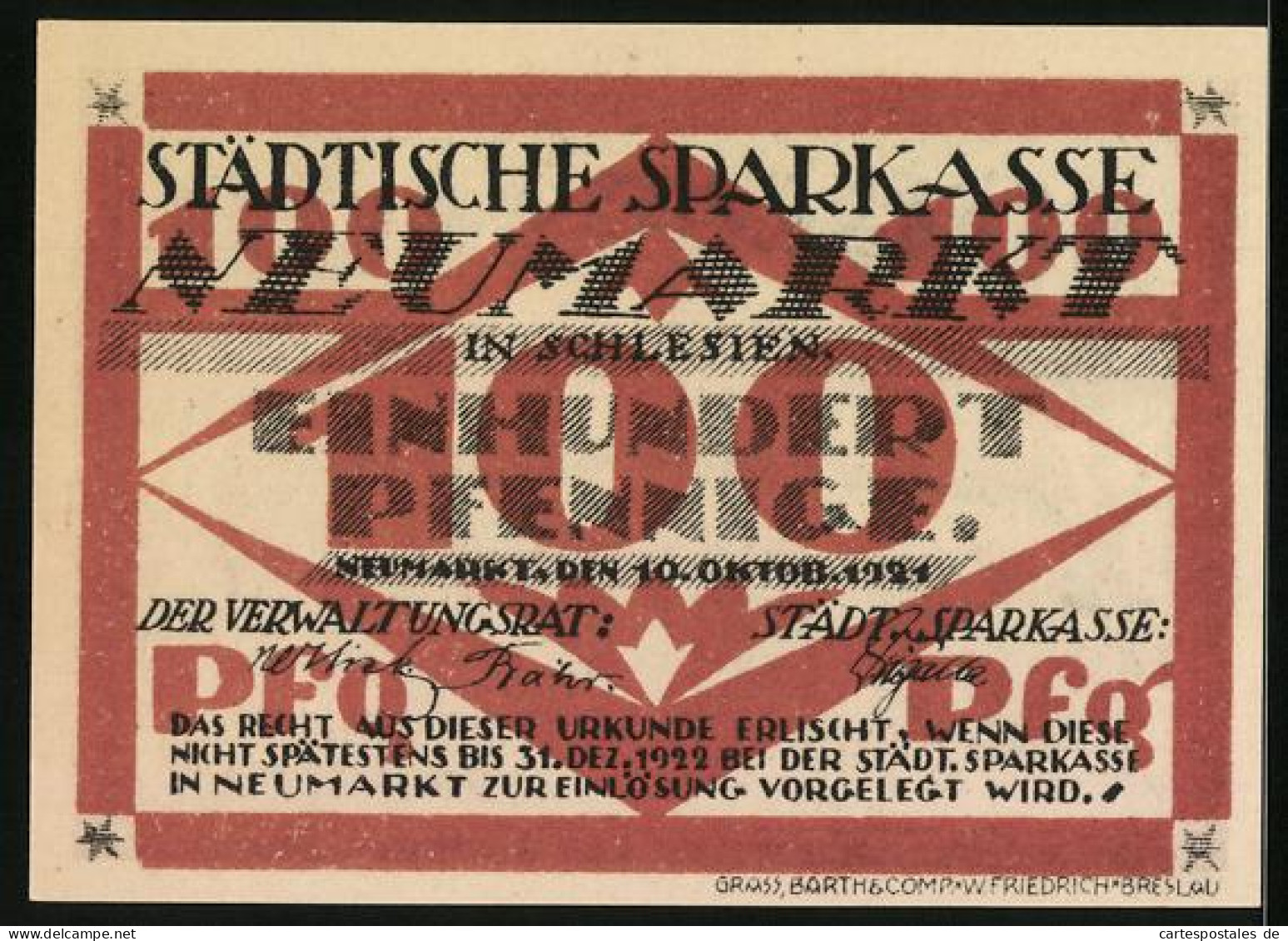 Notgeld Neumarkt In Schlesien 1921, 100 Pfennig, Unterzeichnungsstätte Waffenstillstand Von Plaesswitz  - [11] Emissions Locales