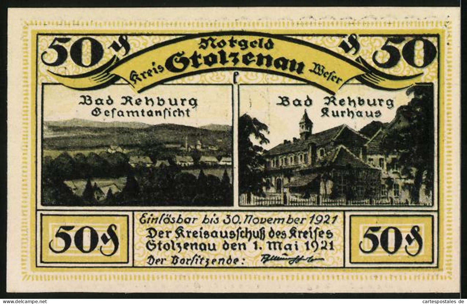 Notgeld Stolzenau 1921, 50 Pfennig, Gesamtansicht Von Bad Rehburg Und Der örtliche Kursaal  - [11] Emissions Locales