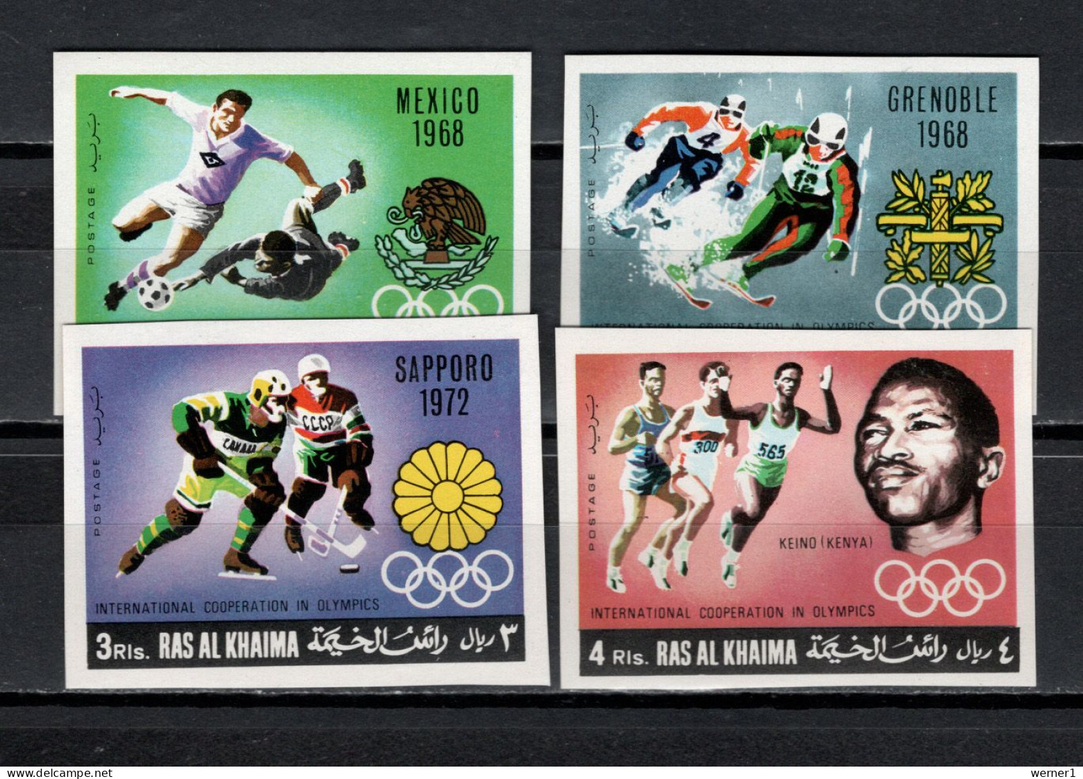 Ras Al Khaima 1969 Olympic Games, Footballl Soccer, Ice Hockey Etc. Set Of 4 Imperf. MNH - Sommer 1968: Mexico