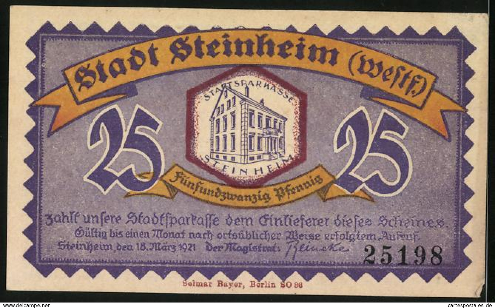 Notgeld Steinheim /Westf. 1921, 25 Pfennig, Ortsansicht Anno 1664  - [11] Local Banknote Issues