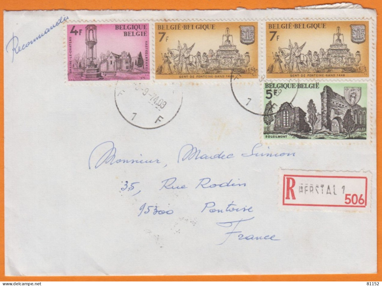 Belgique    Lettre Recommandée De HERSTAL  Avec 4 Timbres 1974   Pour 95300 PONTOISE - Covers & Documents