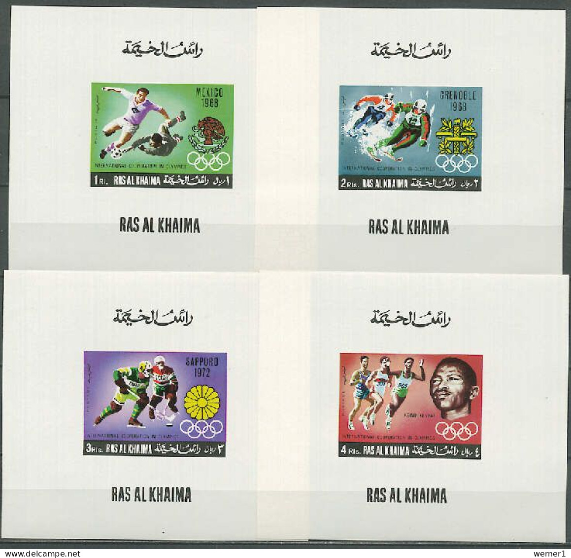 Ras Al Khaima 1969 Olympic Games, Footballl Soccer, Ice Hockey Etc. Set Of 4 S/s Imperf. MNH - Summer 1968: Mexico City