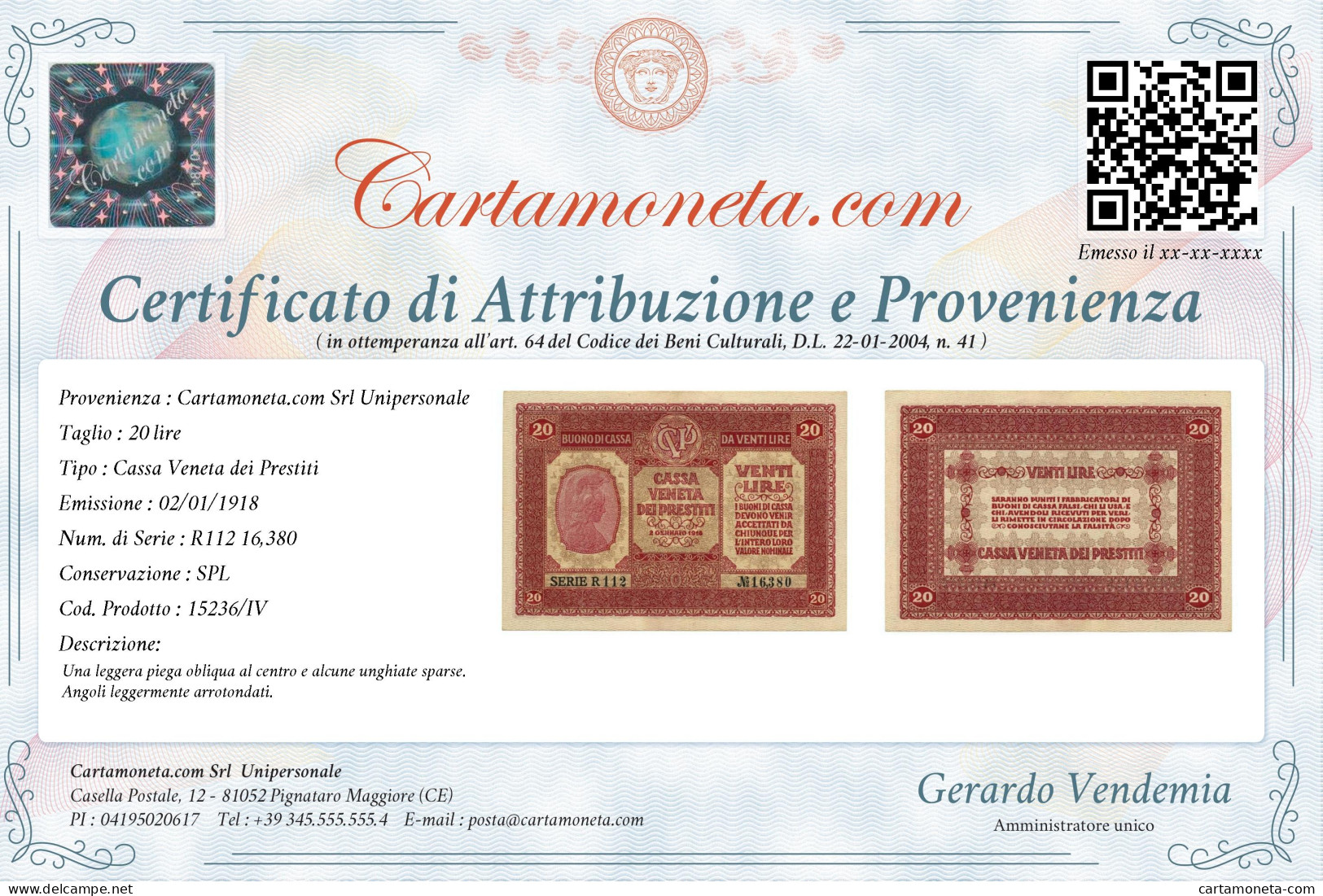 20 LIRE CASSA VENETA DEI PRESTITI OCCUPAZIONE AUSTRIACA 02/01/1918 SPL - Besetzung Venezia