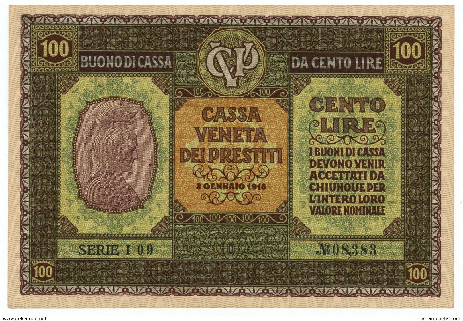 100 LIRE CASSA VENETA DEI PRESTITI OCCUPAZIONE AUSTRIACA 02/01/1918 SPL+ - Besetzung Venezia