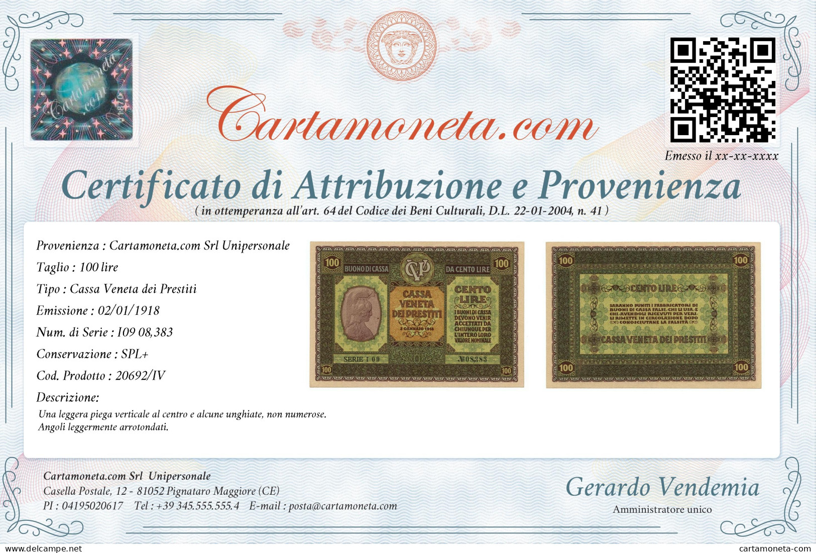 100 LIRE CASSA VENETA DEI PRESTITI OCCUPAZIONE AUSTRIACA 02/01/1918 SPL+ - Occupazione Austriaca Di Venezia