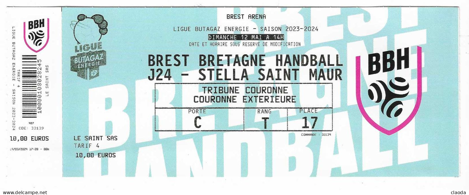0 4HB - TICKET MATCH HANDBALL - BREST BRETAGNE Contre STELLA ST MAUR  -12 Mai 24- SAISON 2023-2024 - Handball