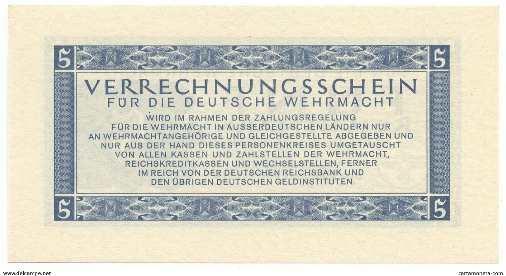 5 REICHSMARK VERRECHNUNGSSCHEIN FUR DEUTSCHE WERMACHT BERLIN 15/09/1944 FDS - Allied Occupation WWII