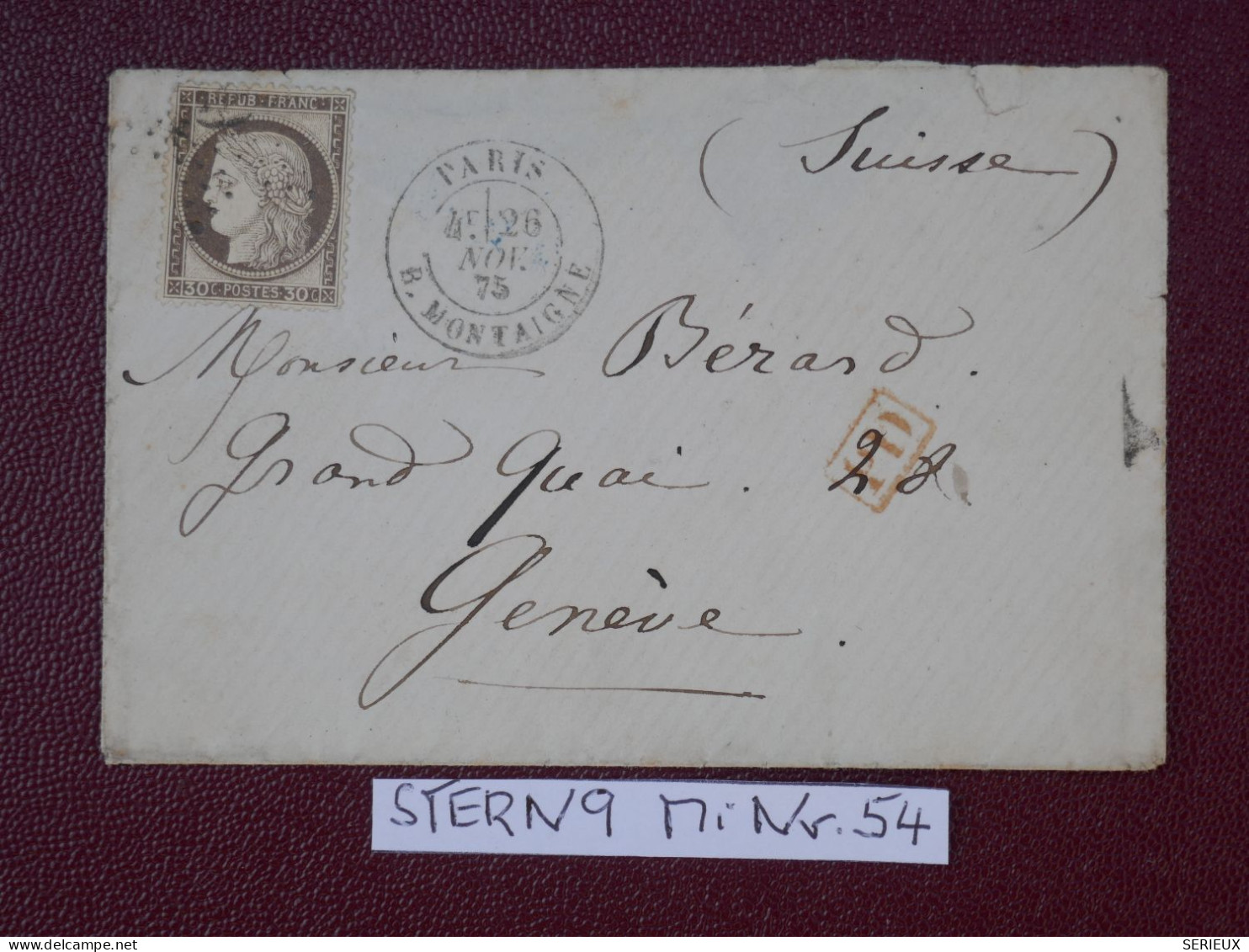 FRANCE LETTRE   RR  1875 ETOILE DE PARIS N°9  MONTAIGNE A GENEVE SUISSE   + CERES 30C + AFF. INTERESSANT+DP7 - 1849-1876: Klassik