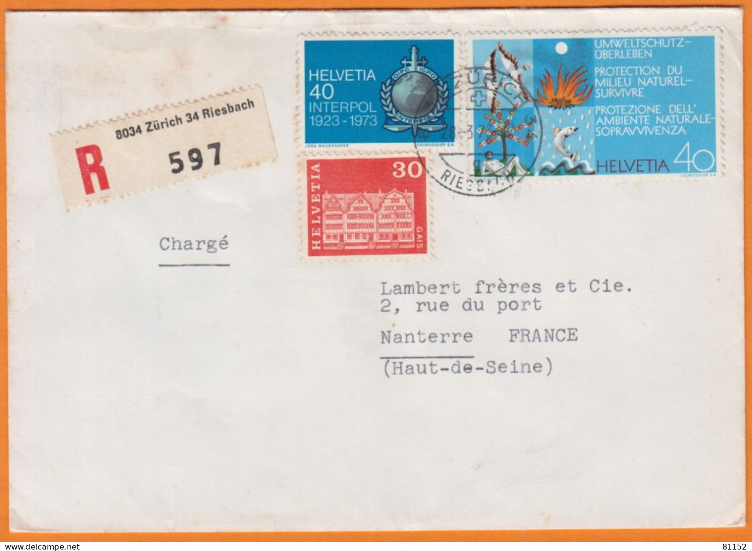 Suisse   Lettre Recommandée De ZURICH  Avec 3  Timbres 1973   Pour 92 NANTERRE - Lettres & Documents