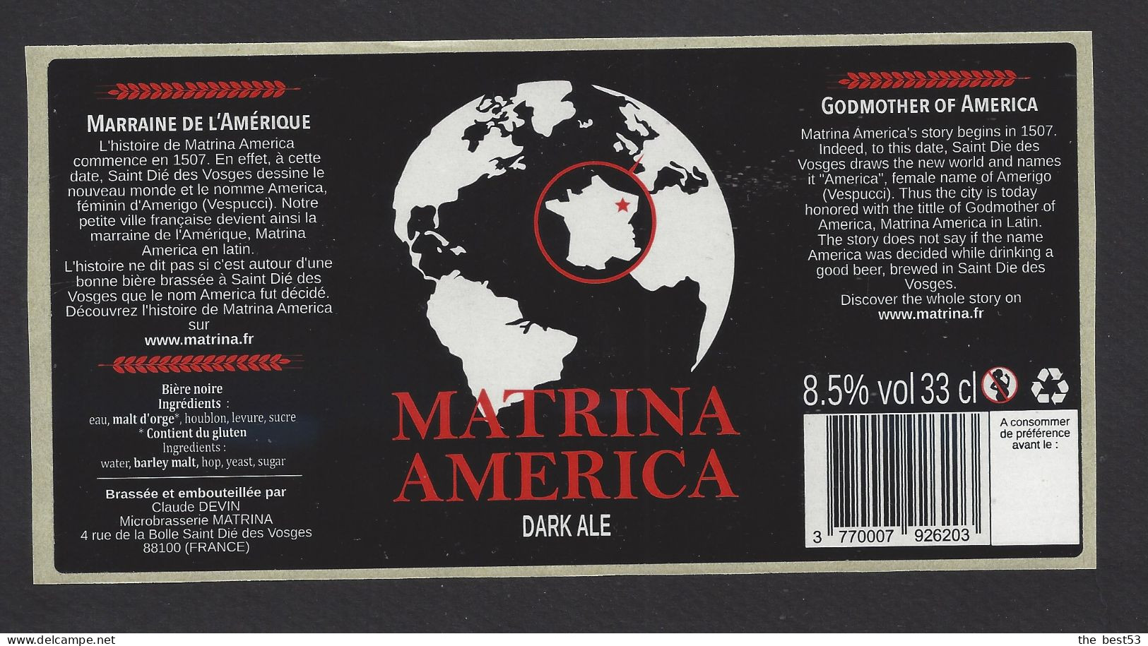 Etiquette De Bière Dark Ale  -  América  -  Brasserie Matrina  à  Saint Dié Des Vosges  (88) - Cerveza