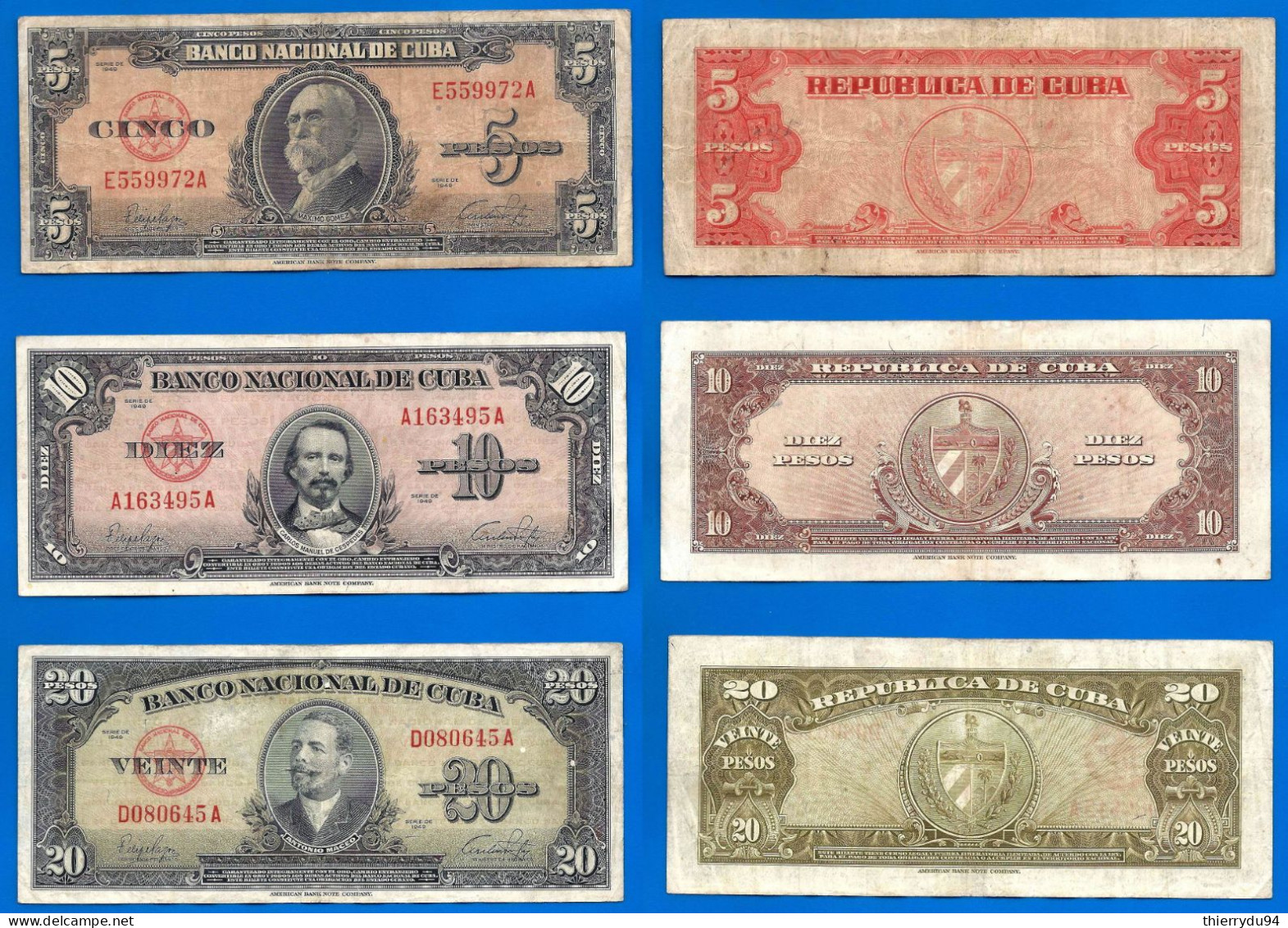 Lot Cuba 5 10 20 Pesos 1949 Billet Peso Centavos Kuba Billets - Kuba