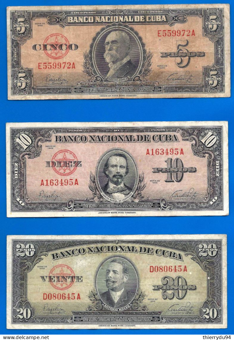 Lot Cuba 5 10 20 Pesos 1949 Billet Peso Centavos Kuba Billets - Cuba