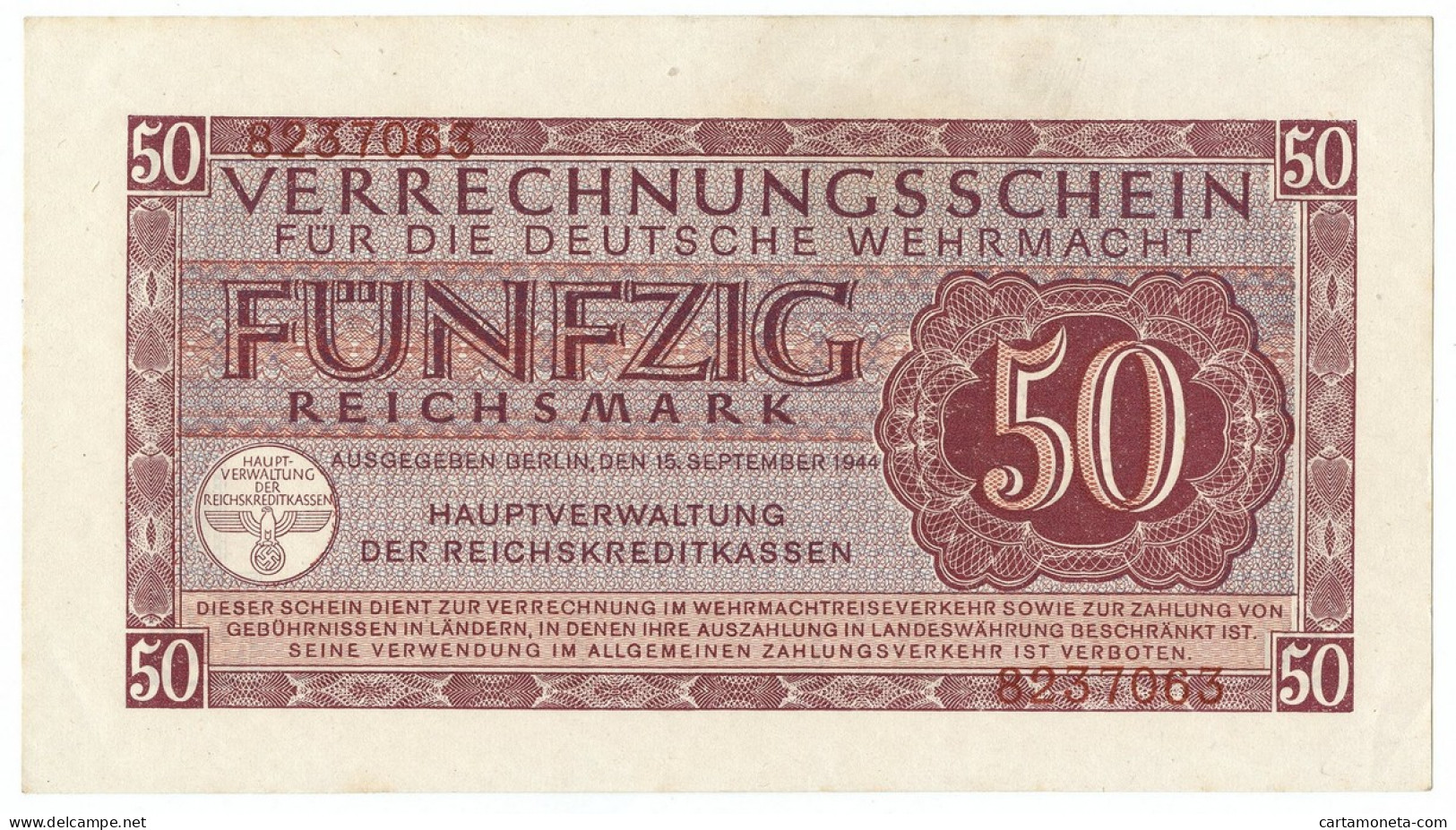 50 REICHSMARK VERRECHNUNGSSCHEIN FUR DEUTSCHE WERMACHT BERLIN 15/09/1944 SUP - Occupation Alliés Seconde Guerre Mondiale