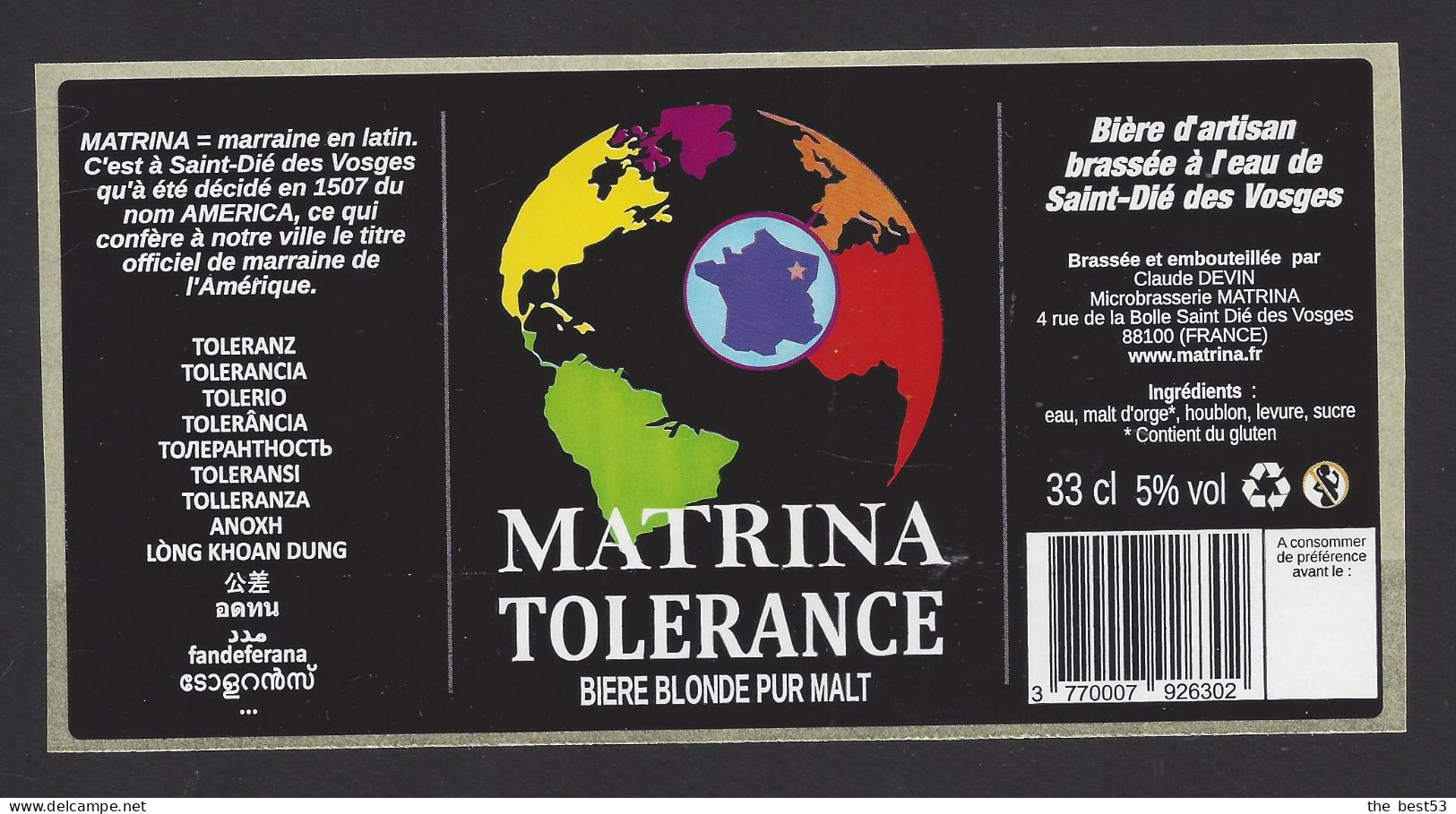 Etiquette De Bière Blonde  Pur Malt  -  Tolérance  -  Brasserie Matrina  à  Saint Dié Des Vosges  (88) - Bier