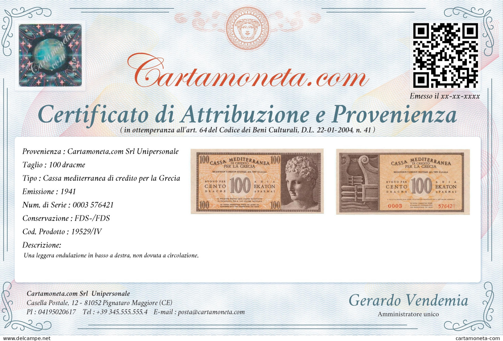 100 DRACME CASSA MEDITERRANEA DI CREDITO PER LA GRECIA 1941 FDS-/FDS - Sonstige & Ohne Zuordnung