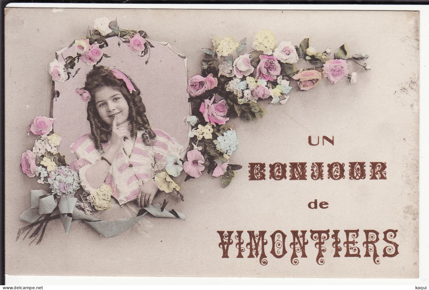 FANTAISIE - ORNE - Un Bonjour De VIMONTIERS ? Avec Portrait De Jeune Femme Et Fleurs - Vimoutiers