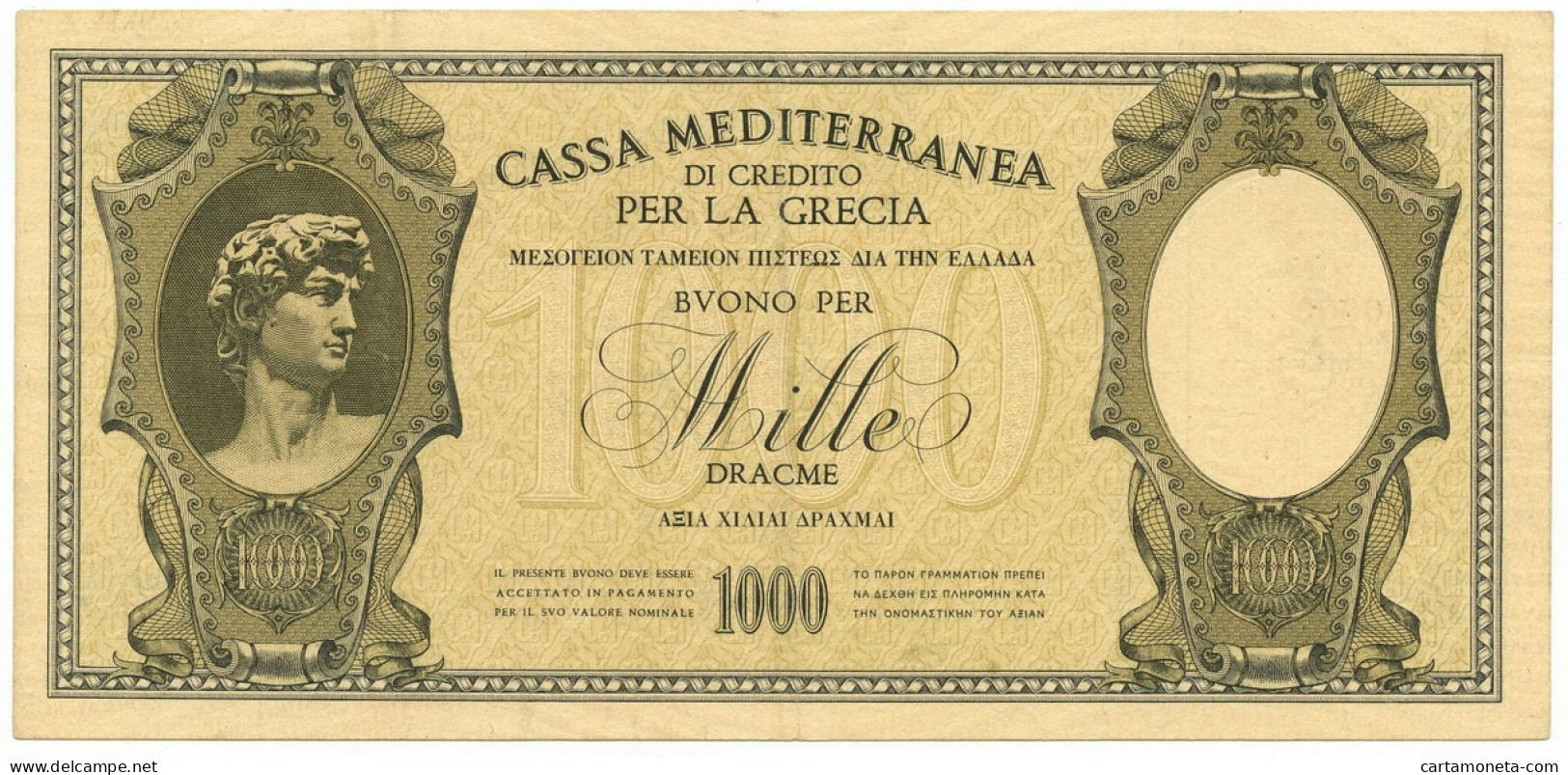 1000 DRACME CASSA MEDITERRANEA DI CREDITO PER LA GRECIA 1941 BB/SPL - Sonstige & Ohne Zuordnung