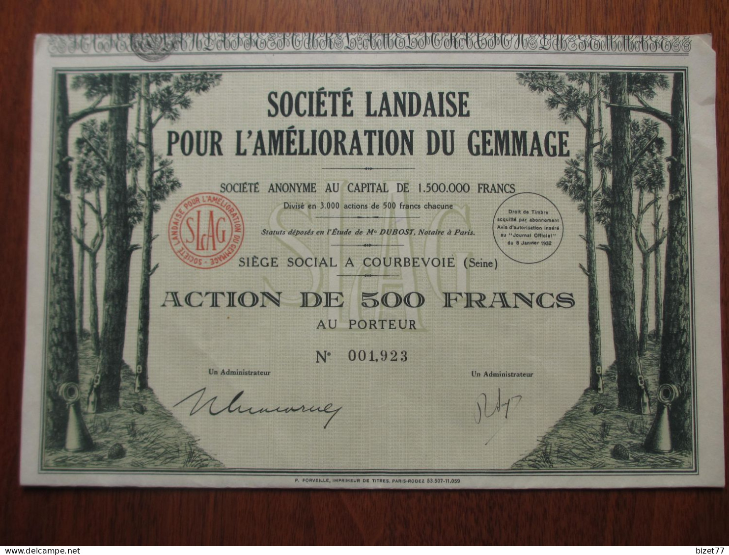 FRANCE - STE LANDAISE POUR L'AMELIORATION DU GEMMAGE - ACTION DE 500 FRS - COURBEVOIE - 92 - 1932 - Autres & Non Classés