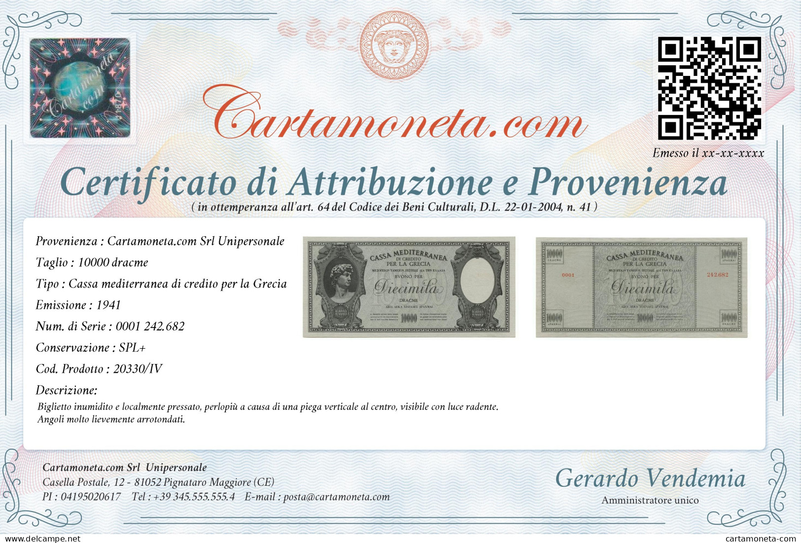 10000 DRACME CASSA MEDITERRANEA DI CREDITO PER LA GRECIA 1941 SPL+ - Other & Unclassified