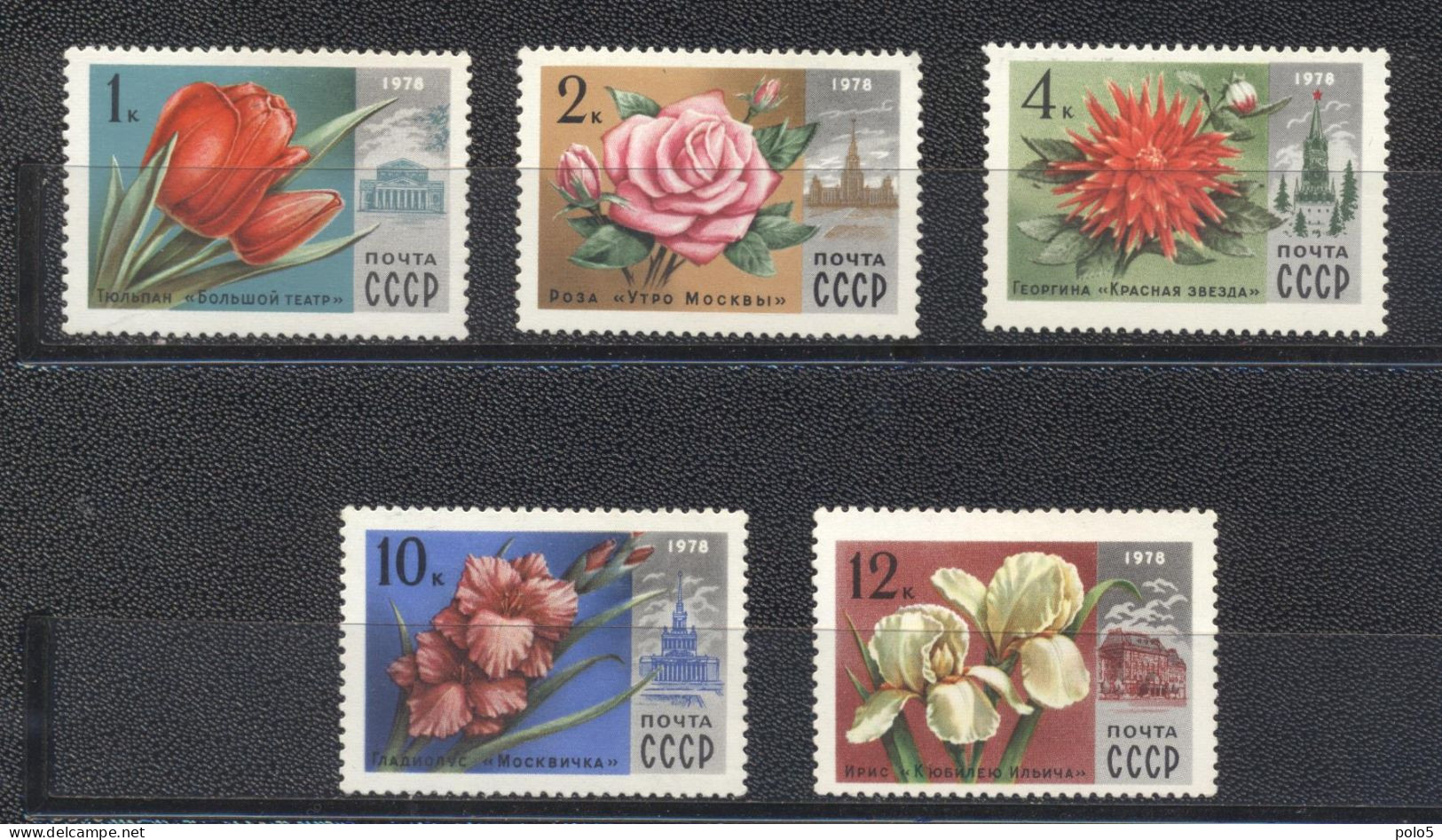 URSS 1978- Moscow Flowers & Buildings Set (5v) - Unused Stamps