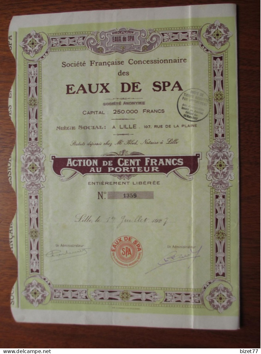 FRANCE-BELGIQUE , STE FRANCAISE DES EAUX DE SPA - ACTION DE 100 FRS - LILLE 1927 - Autres & Non Classés