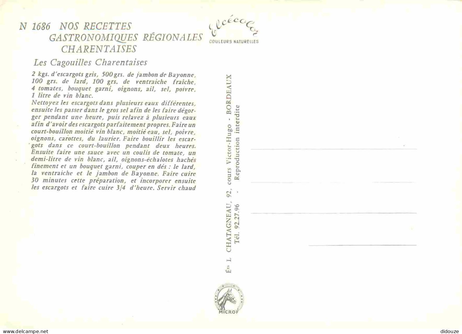 Recettes De Cuisine - Cagouilles Charentaises - Gastronomie - CPM - Carte Neuve - Voir Scans Recto-Verso - Recettes (cuisine)