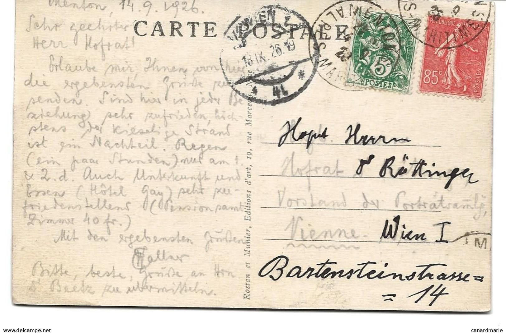 CARTE POSTALE POUR L'AUTRICHE 1926  AVEC 2 TIMBRES SEMEUSE / BLANC - Covers & Documents
