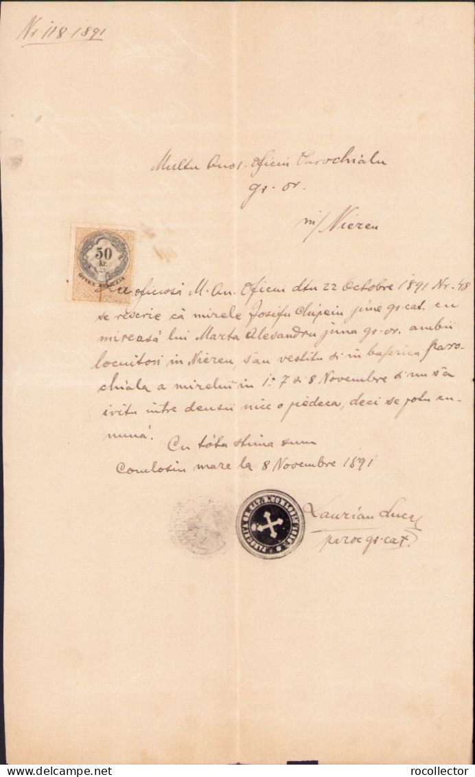 Licență Greco-catolică De Căsătorie 1891 Comloșu Mare Olografă De Preot Laurean Luca A2511N - Collections