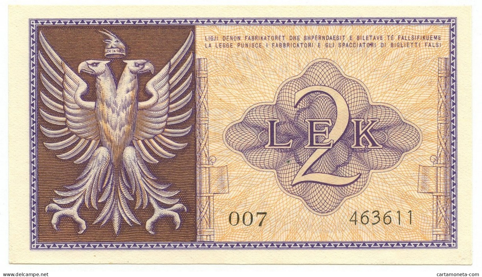 2 LEK REGNO D'ITALIA E ALBANIA BANCA NAZIONALE D'ALBANIA GENNAIO 1941 QFDS - Non Classificati