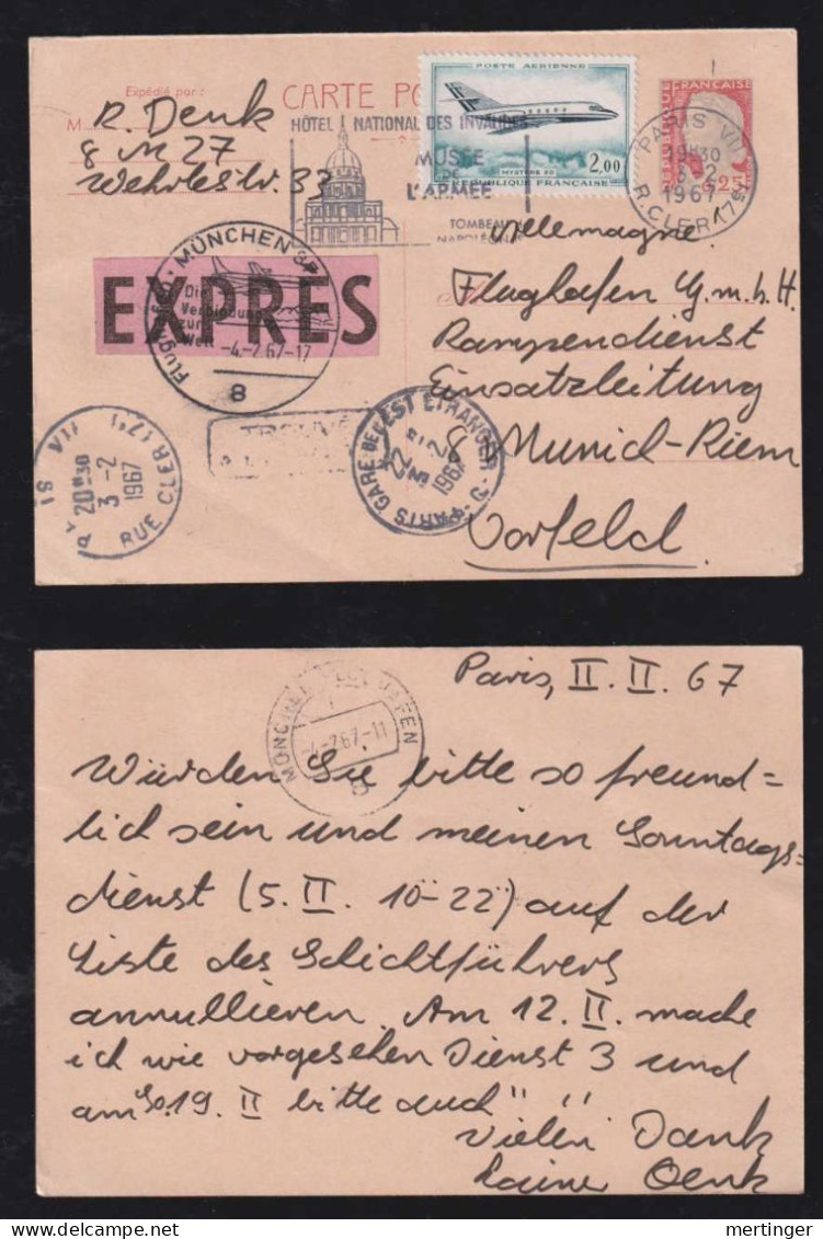 France 1967 Uprated Stationery Card EXPRESS PARIS X MUNICH AIRPORT RIEM - Lettres & Documents