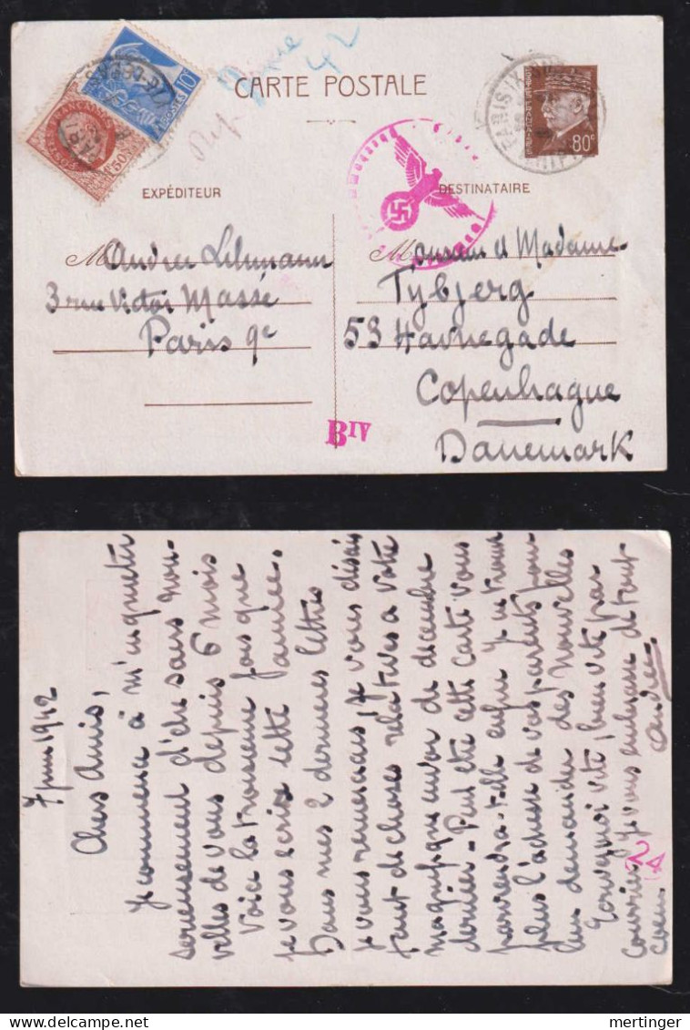 France 1942 Censor Uprated Stationery Postcard PARIS X COPENHAGEN Denmark - Lettres & Documents