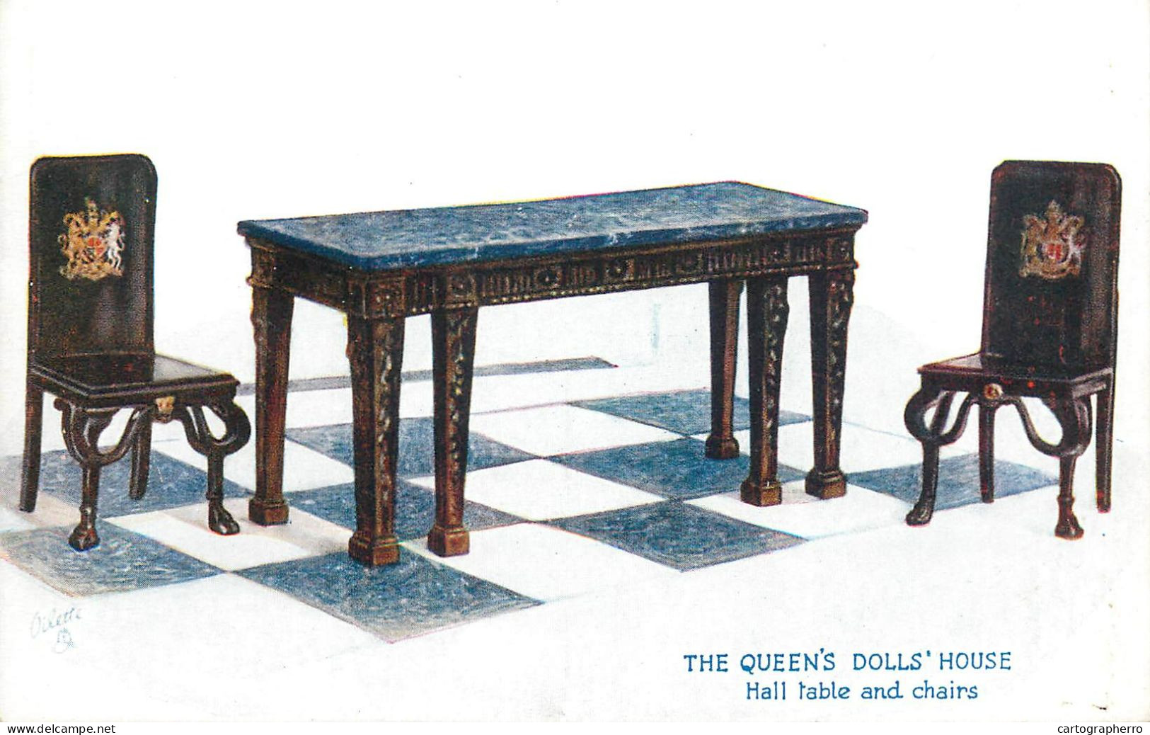 Raphael Tuck & Sons' Oilette Postcard The Queen's Dolls House Series I -  Hall Table And Chairs - Tuck, Raphael