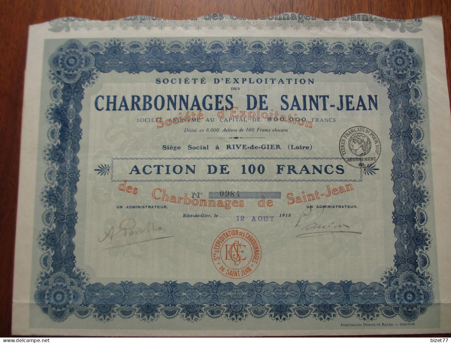 FRANCE - 42 - LOIRE - RIVE DE GIER 1918 - CHARBONAGES DE SAINT-JEAN , ACTION DE 100 FRS - Otros & Sin Clasificación